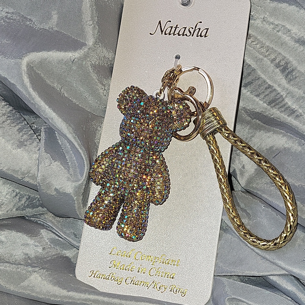 Natasha Gold Crystal Teddy Bear Keychain Bag Charm Wristlet Brand New Rt Lp m - Picture 2 of 4